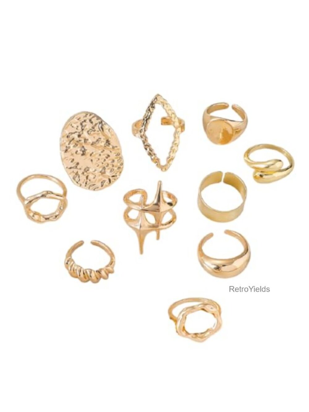 10 Pc Chunky Gold Alloy Open Adjustable Stacking Rings Set Boho Fashion Jewelry